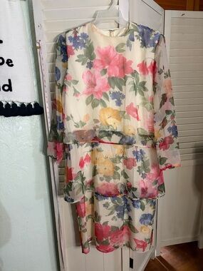 Floral Tiered Chiffon Vintage Dress in Cream with Pink & Yellow Blooms